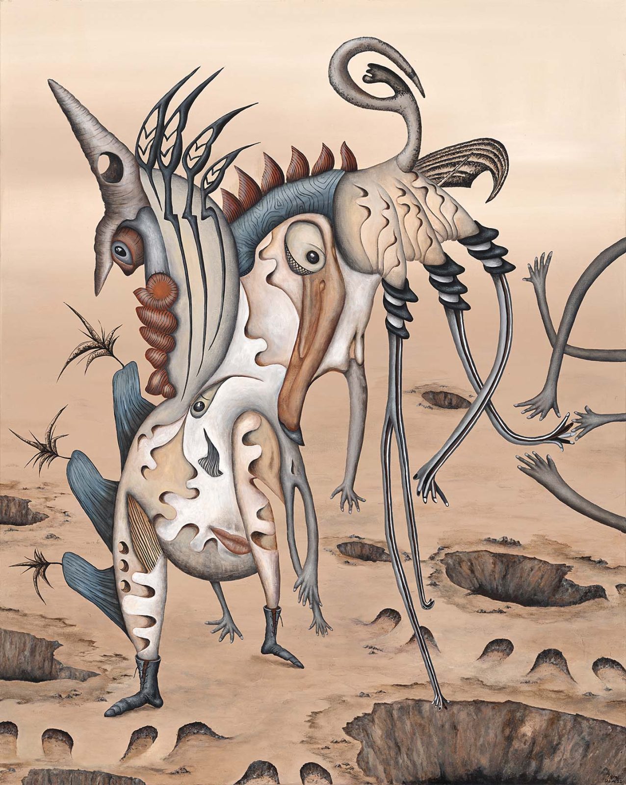 Surrealist painting of an imaginary creature with lots of arms walking through a desert landscape of craters