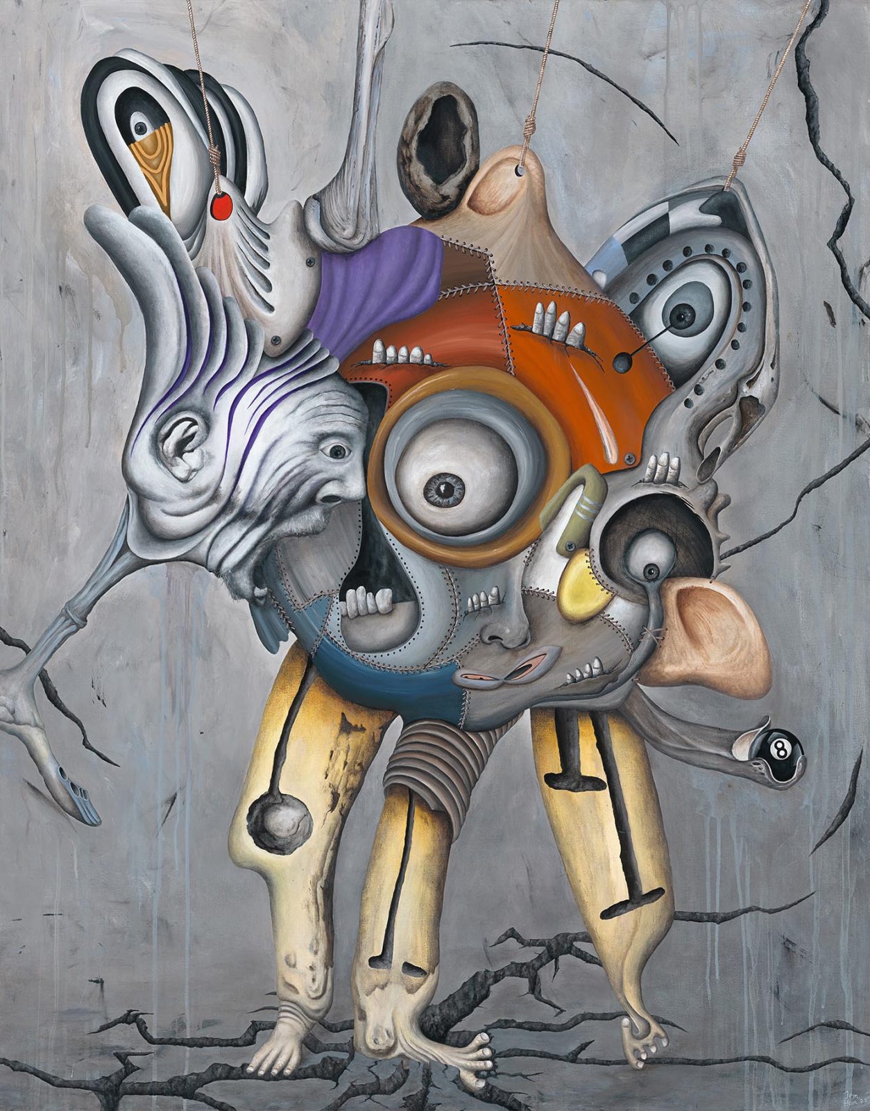 Surreal painting of face with large eyeball, screaming head and fingers sticking through cracks