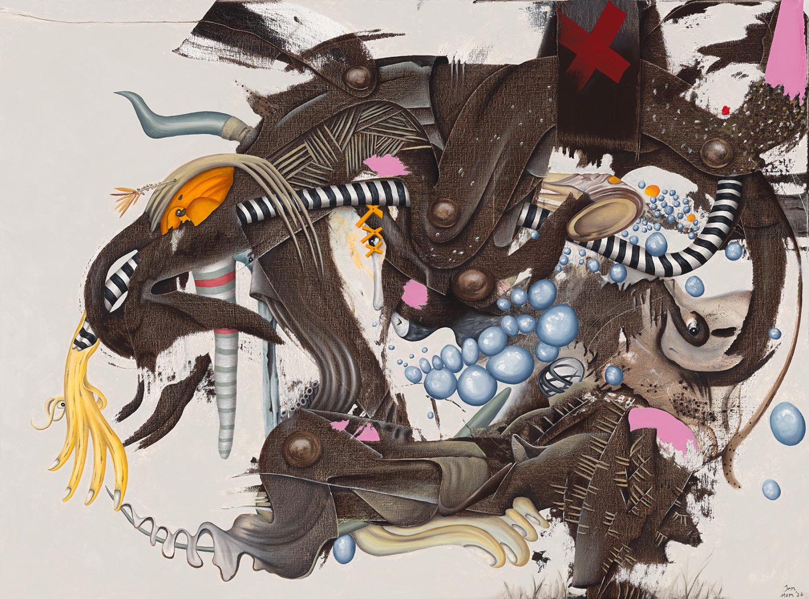 Abstract painting with brown scraper strokes with dashes of red, pink and yellow. The whole image looks like a raging beast with a diver's face hidden within the storm