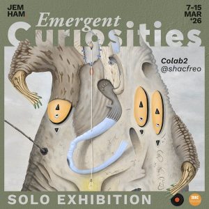 Flyer for solo exhibition featuring one artwork of a creature with 3 eyes